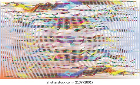 Fondo geométrico distorsionado de brillo . Diseño de arte moderno. Afiche con brillo de ruido destruido. Fondo de error de defecto de moda con líneas de velocidad efecto .Glitch .vector 
