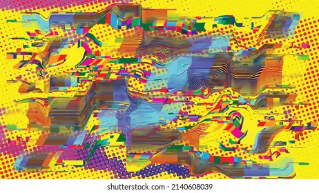 Fondo geométrico distorsionado de brillo . Diseño de arte moderno. Afiche con brillo de ruido destruido. Fondo de error de defecto de moda con líneas de velocidad efecto .Glitch .vector 