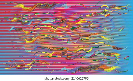 Fondo geométrico distorsionado de brillo . Diseño de arte moderno. Afiche con brillo de ruido destruido. Fondo de error de defecto de moda con líneas de velocidad efecto .Glitch .vector 