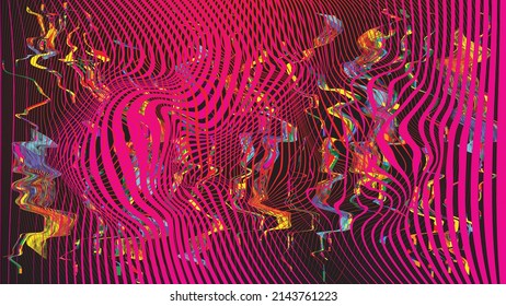 Fondo geométrico distorsionado de brillo . Diseño de arte moderno. Afiche con brillo de ruido destruido. Fondo de error de defecto de moda con líneas de velocidad . Dibujo brillante .Holograma efecto .vector 