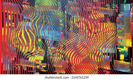 Glitzverzerrter geometrischer Hintergrund . Modernes Kunstdesign. Das Geräusch zerstörte glitzerndes Poster. Trendy Error Hintergrund mit Geschwindigkeitslinien . Glitzte Kunstwerke .Hologramm-Effekt.Vektorgrafik 