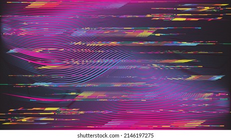 Glitch distorted geometric background . Modern art design . Noise destroyed glitched poster . Trendy defect error background with speed lines . Glitched artwork  .Hologram effect .vector 