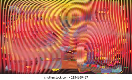 Fondo geométrico distorsionado de brillo . Diseño de arte moderno. Afiche con brillo de ruido destruido. Fondo de error de defecto de moda con líneas de velocidad . Dibujo brillante .Holograma efecto .vector 