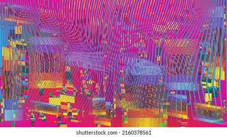 Glitch distorted geometric background . Modern art design . Noise destroyed glitched poster . Trendy defect error background with speed lines  .Glitch effect .vector 