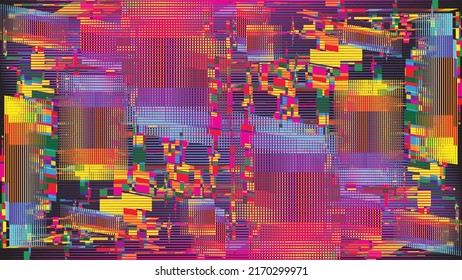 Glitch distorted geometric background . Modern art design . Noise destroyed glitched poster . Trendy defect error background with speed arrows . Glitched artwork  .Broken effect .vector 