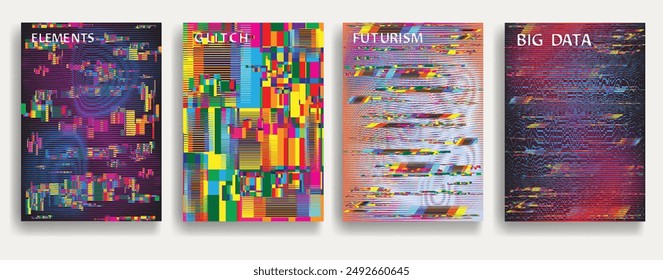 Glitch distorted geometric background . Modern art design . Noise destroyed glitched poster . Trendy defect error background with speed lines . Glitched artwork .Hologram effect .vector 