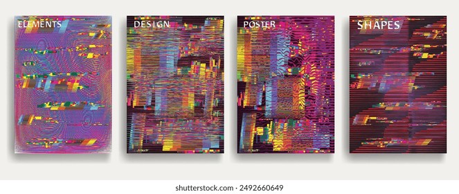 Glitch distorted geometric background . Modern art design . Noise destroyed glitched poster . Trendy defect error background with speed lines . Glitched artwork .Hologram effect .vector 