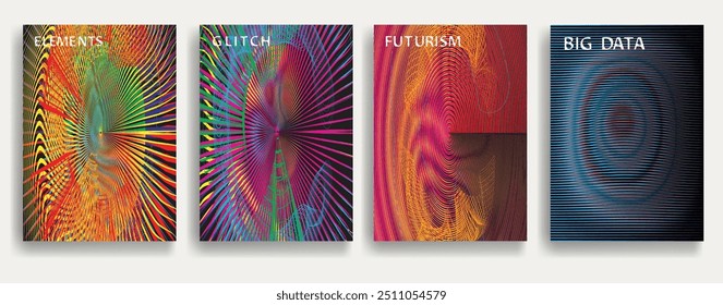 Glitch distorsionado fondo geométrico . Diseño de arte moderno . Ruido destruido afiche defectuoso . Fondo de error de defecto de moda con líneas de velocidad . Obra de arte fallida. Efecto holograma. Vector 