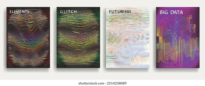 Glitch distorsionado fondo geométrico . Diseño de arte moderno . Ruido destruido afiche defectuoso . Fondo de error de defecto de moda con líneas de velocidad . Obra de arte fallida. Efecto holograma. Vector 