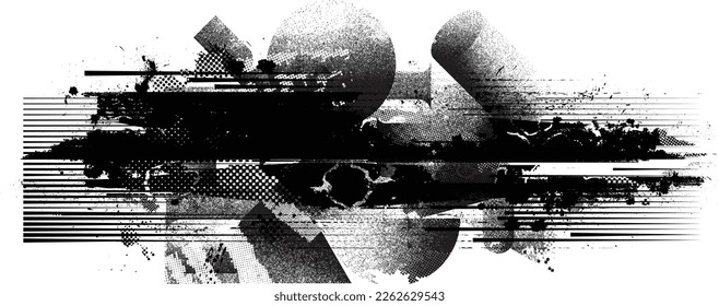 Glitch distorted geometric banner . Noise destroyed background . Trendy defect overlay texture . Glitched collage .Grunge textured . Distressed effect .Vector shapes with stripes screen print texture
