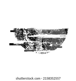 Glitch distorted geometric shape . Digital moon .Noise destroyed logo . Trendy defect error shapes .  .Grunge textured . Distressed effect .Vector shapes with a halftone dots screen print texture.