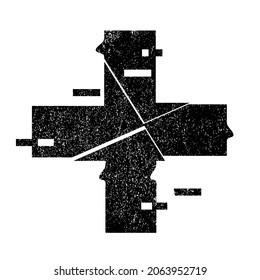 Glitch distorted geometric shape . Minimal art design . Noise destroyed cross logo . Trendy defect error shapes . Glitched x .Broken effect . Distress element . Grunge texture .vector
