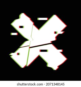 Forma geométrica distorsionada por destello. Diseño de arte mínimo. El ruido destruyó el logotipo de la cruz. Formas de error de defecto de moda . Glitched x .Efecto roto .vector 