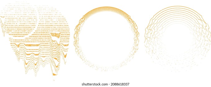 Forma geométrica distorsionada por destello. Diseño de arte mínimo. Logo del círculo destruido por el ruido. Formas de error de defecto de moda . Marco brillante. Efecto roto. Textura gruesa. Elemento con problemas .vector 