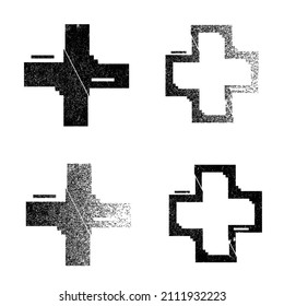 Glitch distorted geometric shape . Minimal art design . Noise destroyed cross logo . Trendy defect error shapes . Glitched x .Broken effect . Distress element . Grunge texture .vector