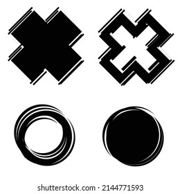 Glitch distorted geometric shape . Minimal art design . Noise destroyed cross logo . Trendy defect error shapes . Glitched frame .Broken effect  .vector