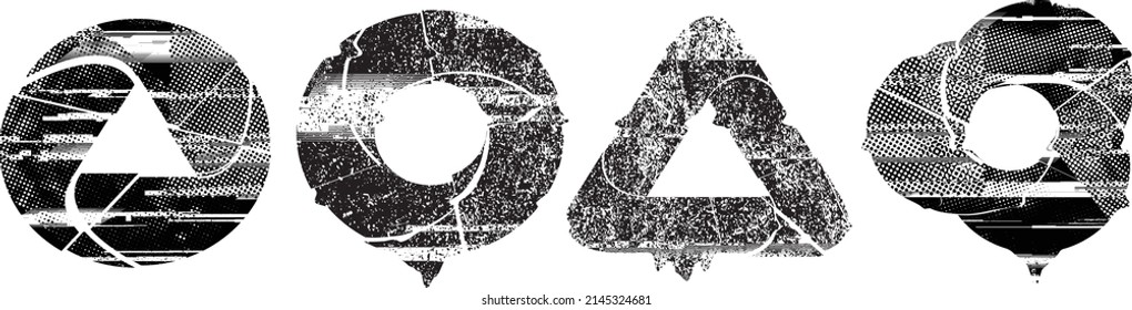 Glitch distorted geometric shape . Minimal art design . Noise destroyed  logo . Trendy defect error shapes . Glitched frame .Broken effect .Grunge textured . Distressed effect .vector