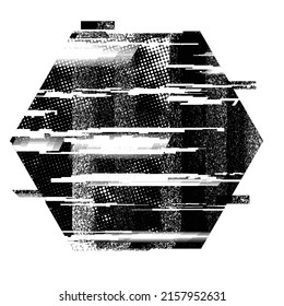 Glitch distorted geometric shape . Minimal art design . Noise destroyed hexagon logo . Trendy defect error shapes . Glitched frame .Broken effect .Grunge textured . Distressed effect .vector 