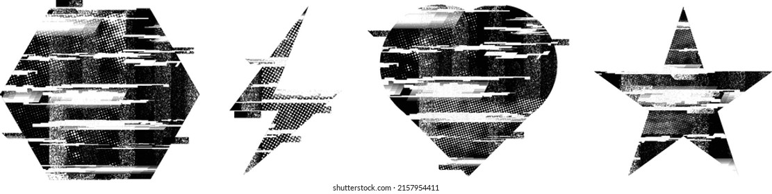 Glitch distorted geometric shape . Minimal art design . Noise destroyed square logo . Trendy defect error shapes . Glitched frame .Broken effect .Grunge textured . Distressed effect .vector 