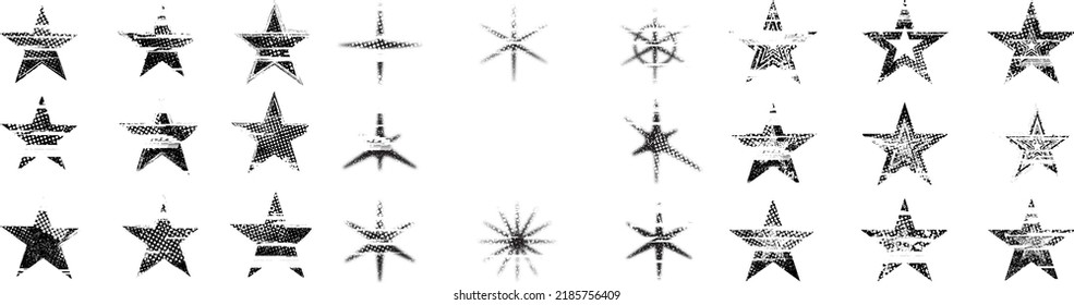 Forma geométrica distorsionada por destello. Diseño de arte mínimo. Logo de la estrella destruida por el ruido. Formas de error de defecto de moda . Estrella brillante. Efecto roto. Elemento de socorro. Grunge textura .vector