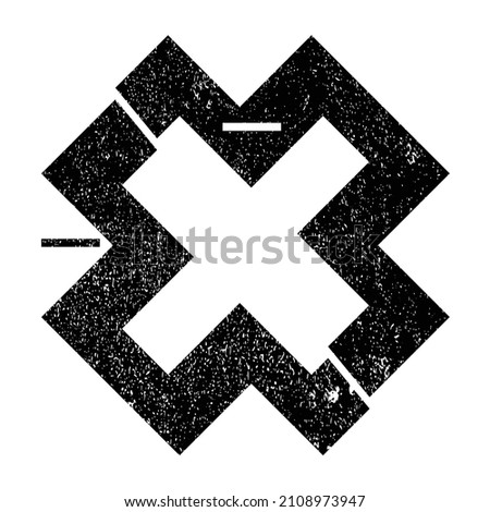 Glitch distorted geometric shape . Minimal art design . Noise destroyed cross logo . Trendy defect error shapes . Glitched x .Broken effect . Distress element . Grunge texture .vector
