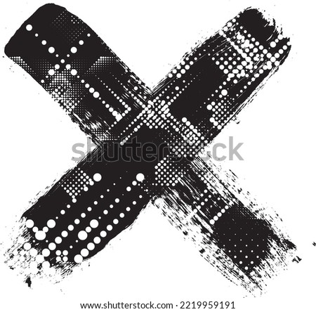 Glitch distorted geometric shape . Minimal art design . Noise destroyed cross logo . Trendy defect error shapes . Glitched x .Broken effect . Distress element . Grunge texture .vector
