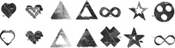 Glitch distorted geometric shape . Noise destroyed logo . Trendy defect error shapes . Glitched frame .Grunge textured . Distressed effect .Vector shapes with a halftone dots screen print texture.