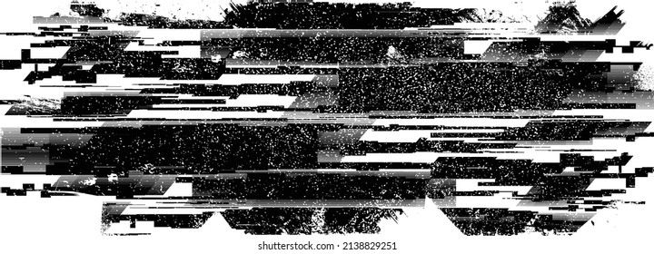 Glitch distorted geometric shape . Noise destroyed logo . Trendy defect error shapes . Glitched frame .Grunge textured . Distressed effect .Vector shapes with a halftone dots screen print texture.