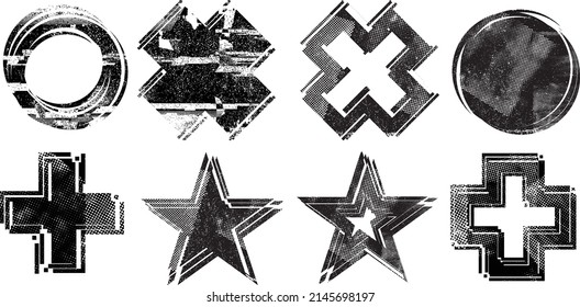 Glitch distorted geometric shape . Noise destroyed logo . Trendy defect error shapes . Glitched frame .Grunge textured . Distressed effect .Vector shapes with a halftone dots screen print texture.
