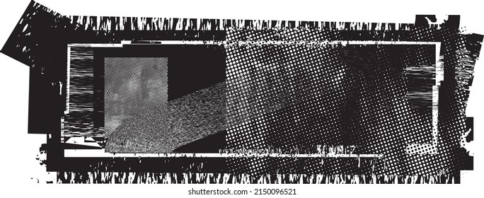 Glitch verzerrte geometrische Form . Rauschen zerstört Logo. Trendy Defaultformen . Glitched frame .Grunge strukturiert. Distressed effect .Vector formt mit einer Siebdrucktextur mit Halbton-Punkten.