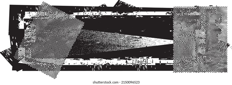 Glitch distorted geometric shape . Noise destroyed logo . Trendy defect error shapes . Glitched frame .Grunge textured . Distressed effect .Vector shapes with a halftone dots screen print texture.