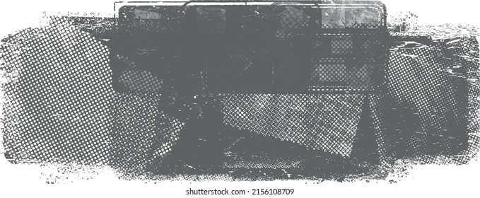 Glitch distorted geometric shape . Noise destroyed logo . Trendy defect error shapes . Glitched frame .Grunge textured . Distressed effect .Vector shapes with a halftone dots screen print texture.
