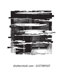 Forma geométrica distorsionada por destello. Logo destruido por ruido. Formas de error de defecto de moda . Marco brillante. Grunge texturado. Efecto perturbado .Formas vectoras con una textura de impresión de pantalla de puntos de medio tono.
