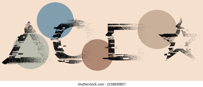 Glitch distorted geometric shape . Noise destroyed logo . Trendy defect error shapes . Glitched frame .Grunge textured . Distressed effect .Vector shapes with a halftone dots screen print texture.