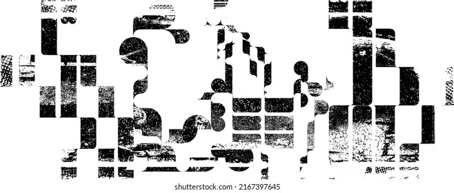 Glitch distorted geometric shape . Noise destroyed logo . Trendy defect error shapes . Glitched frame .Grunge textured . Distressed effect .Vector shapes with a halftone dots screen print texture.