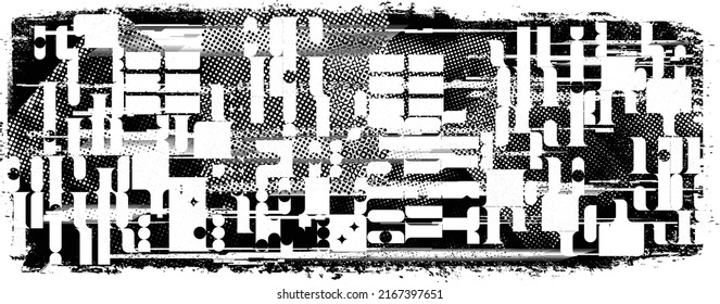 Glitch distorted geometric shape . Noise destroyed logo . Trendy defect error shapes . Glitched frame .Grunge textured . Distressed effect .Vector shapes with a halftone dots screen print texture.