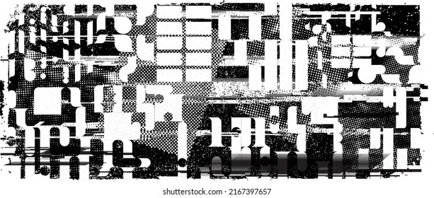Forma geométrica distorsionada por destello. Logo destruido por ruido. Formas de error de defecto de moda . Marco brillante. Grunge texturado. Efecto perturbado .Formas vectoras con una textura de impresión de pantalla de puntos de medio tono.