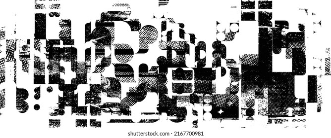 Glitch distorted geometric shape . Noise destroyed logo . Trendy defect error shapes . Glitched frame .Grunge textured . Distressed effect .Vector shapes with a halftone dots screen print texture.