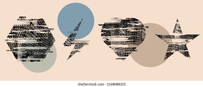 Forma geométrica distorsionada por destello. Logo destruido por ruido. Formas de error de defecto de moda . Marco brillante. Grunge texturado. Efecto perturbado .Formas vectoras con una textura de impresión de pantalla de puntos de medio tono.