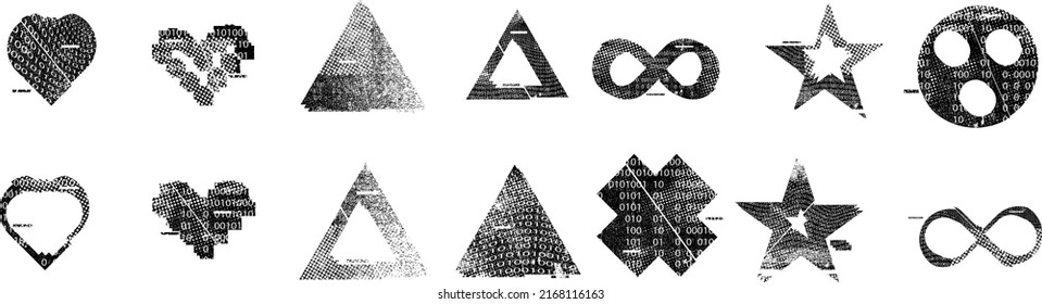 Glitch distorted geometric shape . Noise destroyed logo . Trendy defect error shapes . Glitched frame .Grunge textured . Distressed effect .Vector shapes with a halftone dots screen print texture.