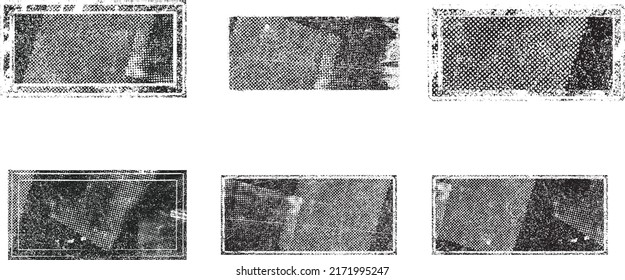 Glitch distorted geometric shape . Noise destroyed logo . Trendy defect error shapes . Glitched frame .Grunge textured . Distressed effect .Vector shapes with a halftone dots screen print texture.