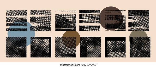 Glitch distorted geometric shape . Noise destroyed logo . Trendy defect error shapes . Glitched frame .Grunge textured . Distressed effect .Vector shapes with a halftone dots screen print texture.