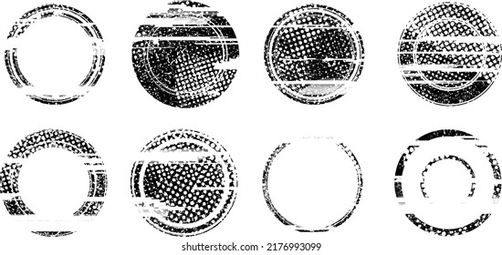 Glitch distorted geometric shape . Noise destroyed stamps . Trendy defect error shapes . Glitched frame .Grunge textured . Distressed effect .Vector stamps with a halftone dots screen print texture.
