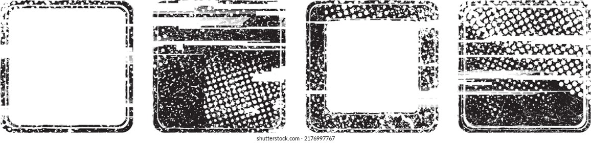 Glitch distorted geometric shape . Noise destroyed stamps . Trendy defect error shapes . Glitched frame .Grunge textured . Distressed effect .Vector stamps with a halftone dots screen print texture.