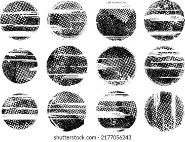 Glitch distorted geometric shape . Noise destroyed stamps . Trendy defect error shapes . Glitched frame .Grunge textured . Distressed effect .Vector stamps with a halftone dots screen print texture.