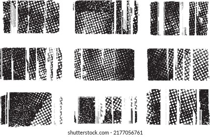Glitch distorted geometric shape . Noise destroyed stamps . Trendy defect error shapes . Glitched frame .Grunge textured . Distressed effect .Vector stamps with a halftone dots screen print texture.
