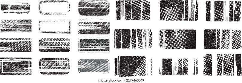 Glitch verzerrte geometrische Form . Rauschen zerstörte Briefmarken. Trendy Defaultformen . Glitched frame .Grunge strukturiert. Beklemmender Effekt .Vektorstempel mit einer Siebdruckstruktur mit Halbton-Punkten.