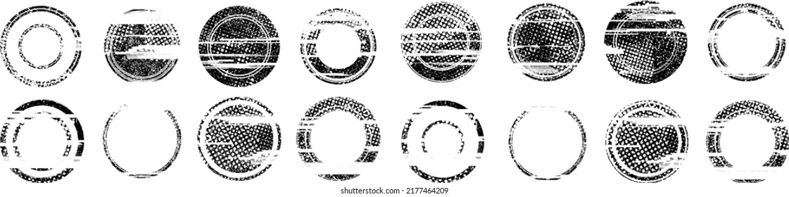 Glitch distorted geometric shape . Noise destroyed stamps . Trendy defect error shapes . Glitched frame .Grunge textured . Distressed effect .Vector stamps with a halftone dots screen print texture.