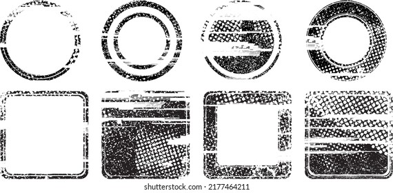 Glitch distorted geometric shape . Noise destroyed stamps . Trendy defect error shapes . Glitched frame .Grunge textured . Distressed effect .Vector stamps with a halftone dots screen print texture.