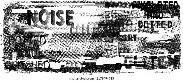 Glitch distorted geometric shape . Noise destroyed logo . Trendy defect error shapes . Glitched frame .Grunge textured . Distressed effect .Vector shapes with a halftone dots screen print texture.